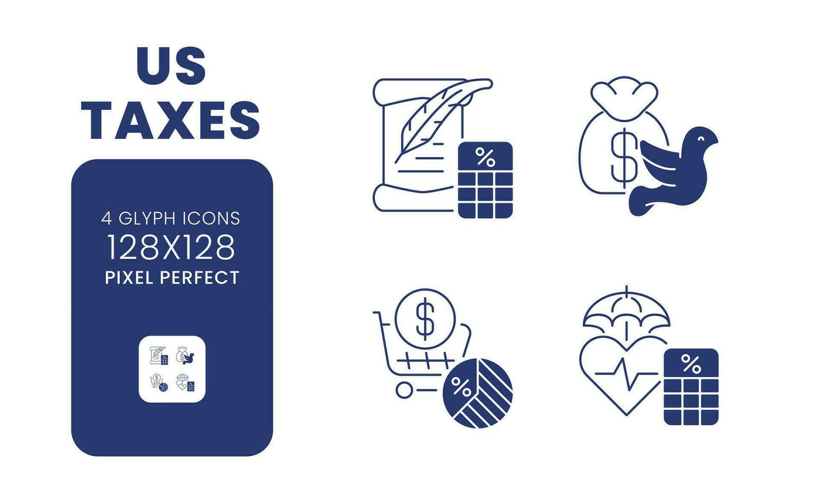 US taxes black solid desktop icons pack. Fiscal responsibilities. Federal income. Pixel perfect 128x128, outline 2px. Symbols on white space. Glyph pictograms. Isolated vector images