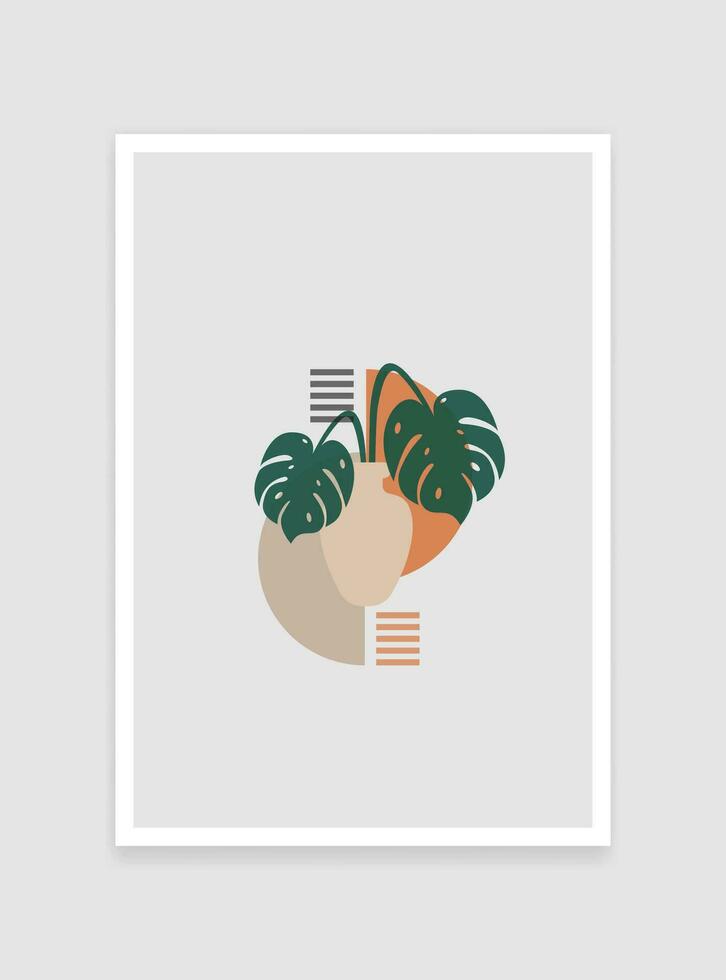 Botanical wall art vector set with half-circle bowl vase. Green Monstera Foliage and line art drawing with orange and gray half-circle shapes. Abstract Plant Art design for the postcard, print, cover.