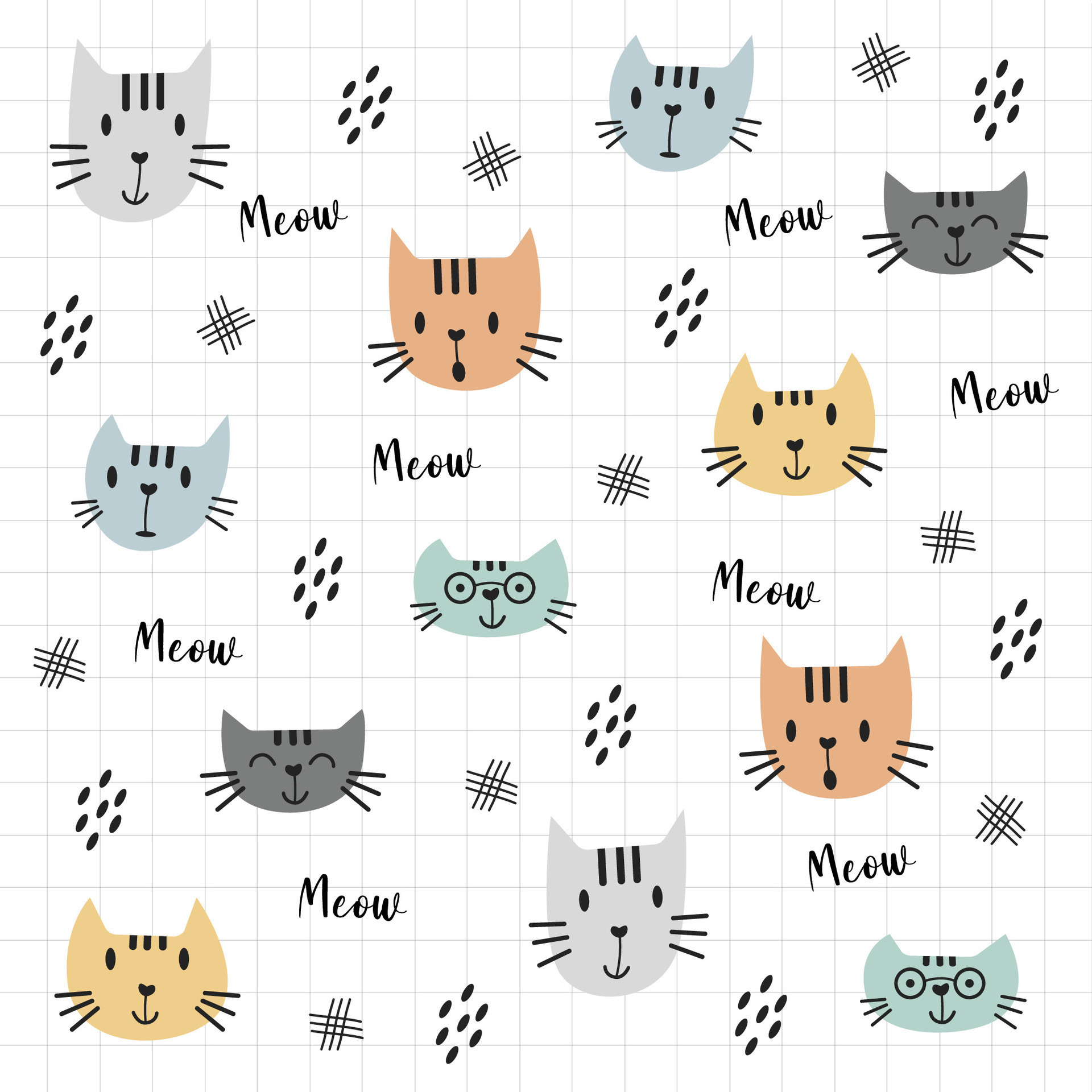 Seamless Pattern with Cute Cats Theme with Striped and Colored