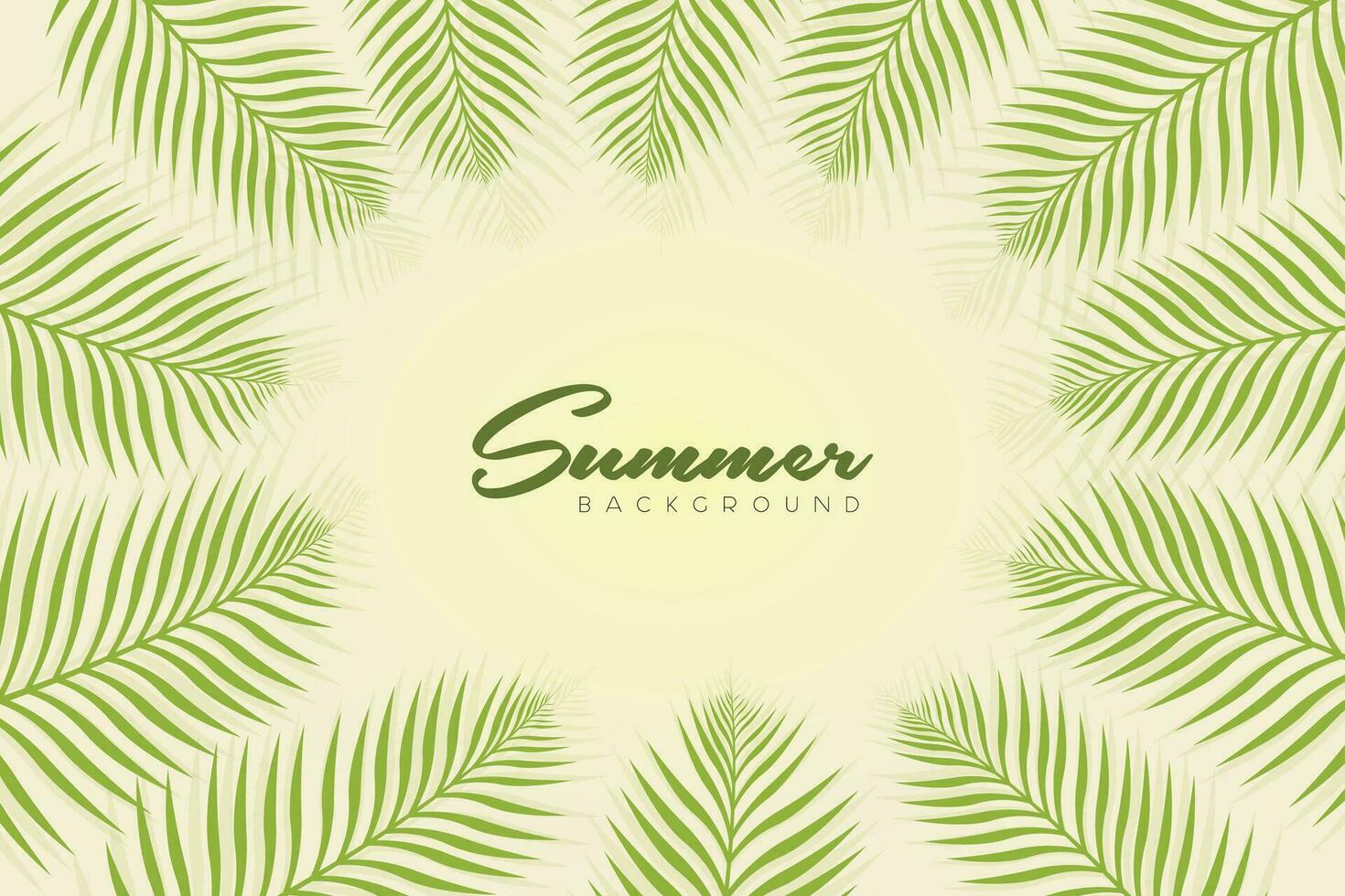 Summer Background with green and yellow tones and soft green palm leaves surround the frame. Summer background Landscape, header, and card. vector
