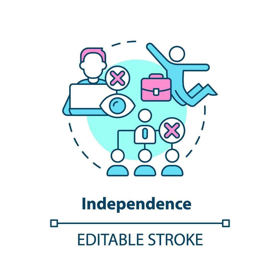 Independence concept icon. Freedom of choice. Self motivation. No control. Job change. Digital nomad. Independent worker abstract idea thin line illustration. Isolated outline drawing. Editable stroke vector