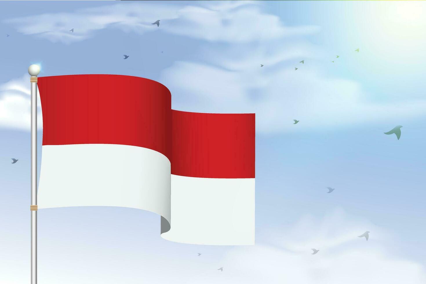Background Template - Indonesian Independence Day August 17th, Fluttering Flag on Sky Blue with Flying Birds Background. vector
