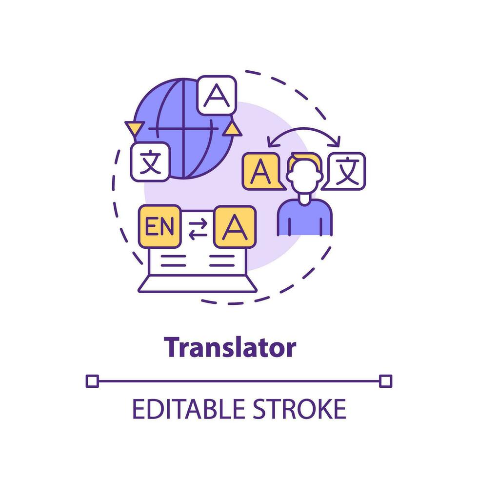 Translator concept icon. Language learning. Cultural competence. Services industry. Professional freelancer abstract idea thin line illustration. Isolated outline drawing. Editable stroke vector