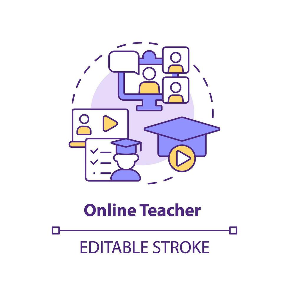 Online teacher concept icon. Virtual classroom. Distance education. Remote work. Freelance worker. E learning abstract idea thin line illustration. Isolated outline drawing. Editable stroke vector