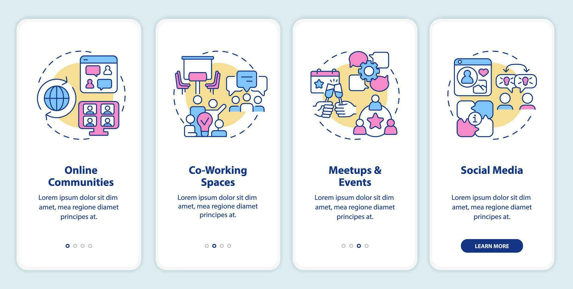 Digital nomad community onboarding mobile app screen. Work and travel walkthrough 4 steps editable graphic instructions with linear concepts. UI, UX, GUI templated vector