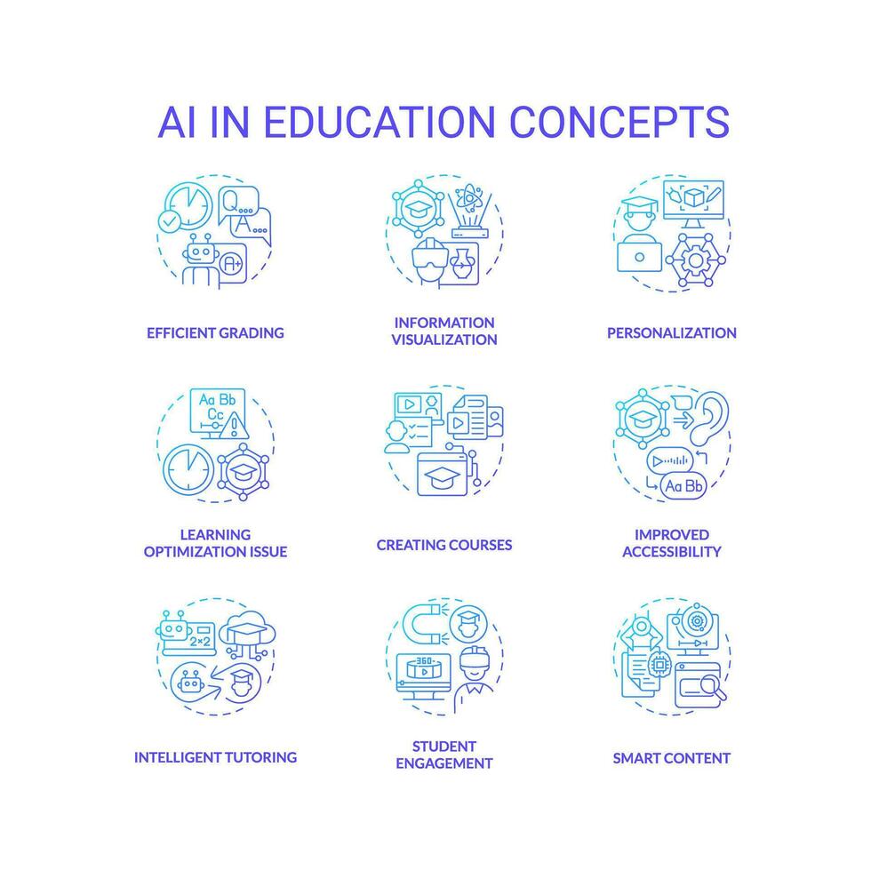Set of 2D thin line gradient icons representing AI in education concepts, pack of isolated vector illustrations.