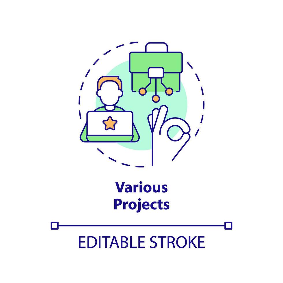 Various projects concept icon. Personal growth. Professional development. Digital nomad. Distance work. Creative freedom abstract idea thin line illustration. Isolated outline drawing. Editable stroke vector