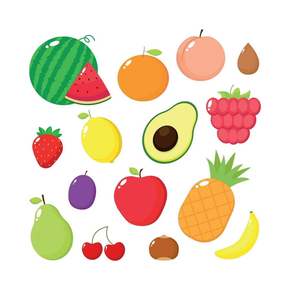 different cute fruits set character. Organic tropical fruits for salad vegetarian. vector