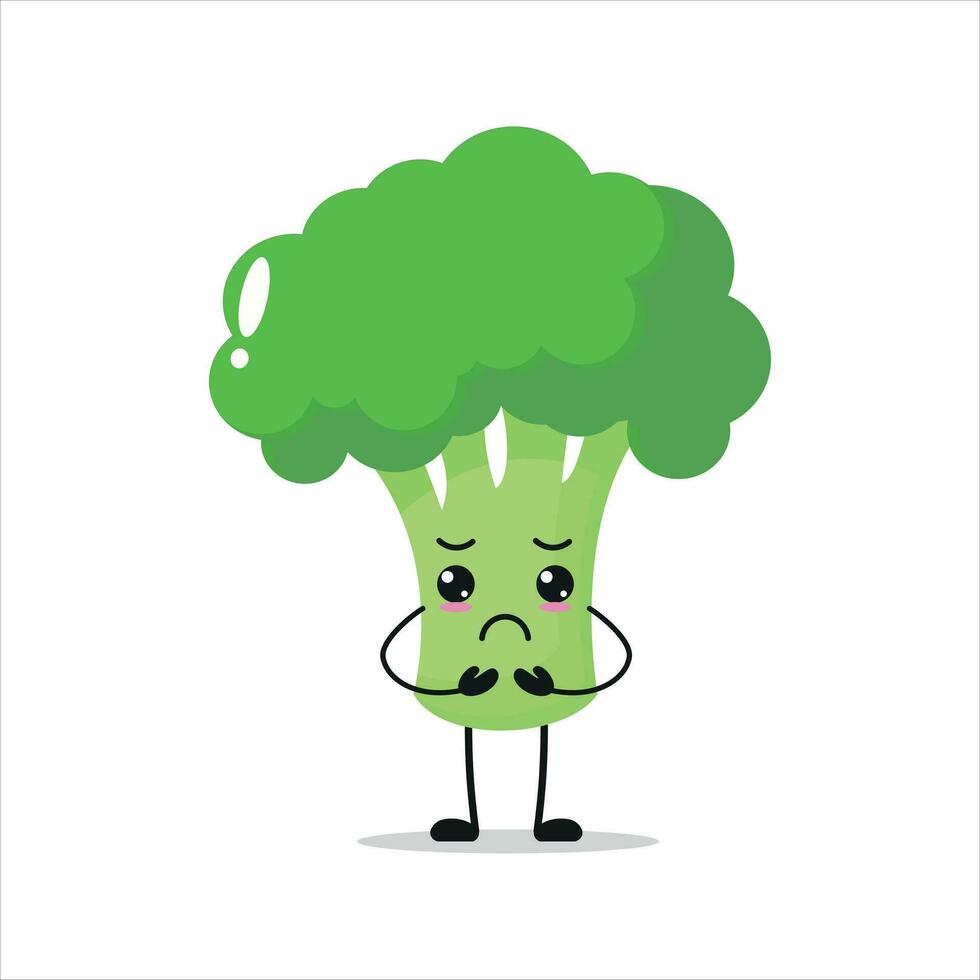 Cute gloomy broccoli character. Funny sad broccoli cartoon emoticon in flat style. vegetable emoji vector illustration