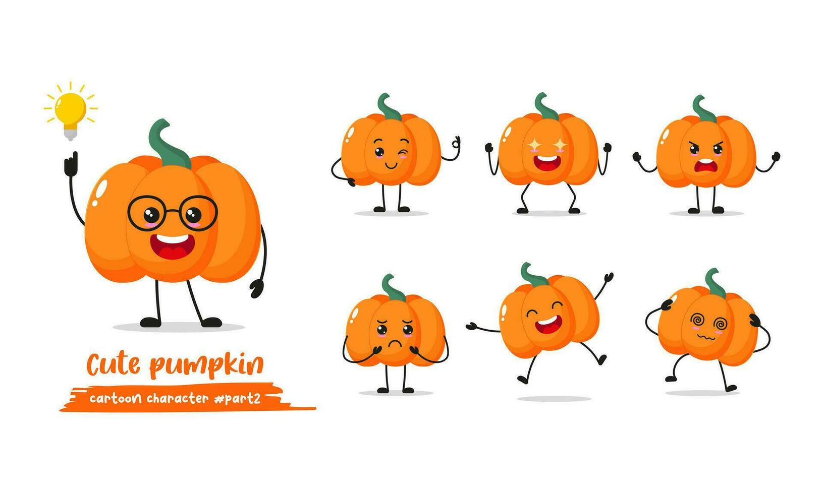 pumpkin cartoon with many expressions. different vegetable activity vector illustration flat design. smart pumpkin for children story book.