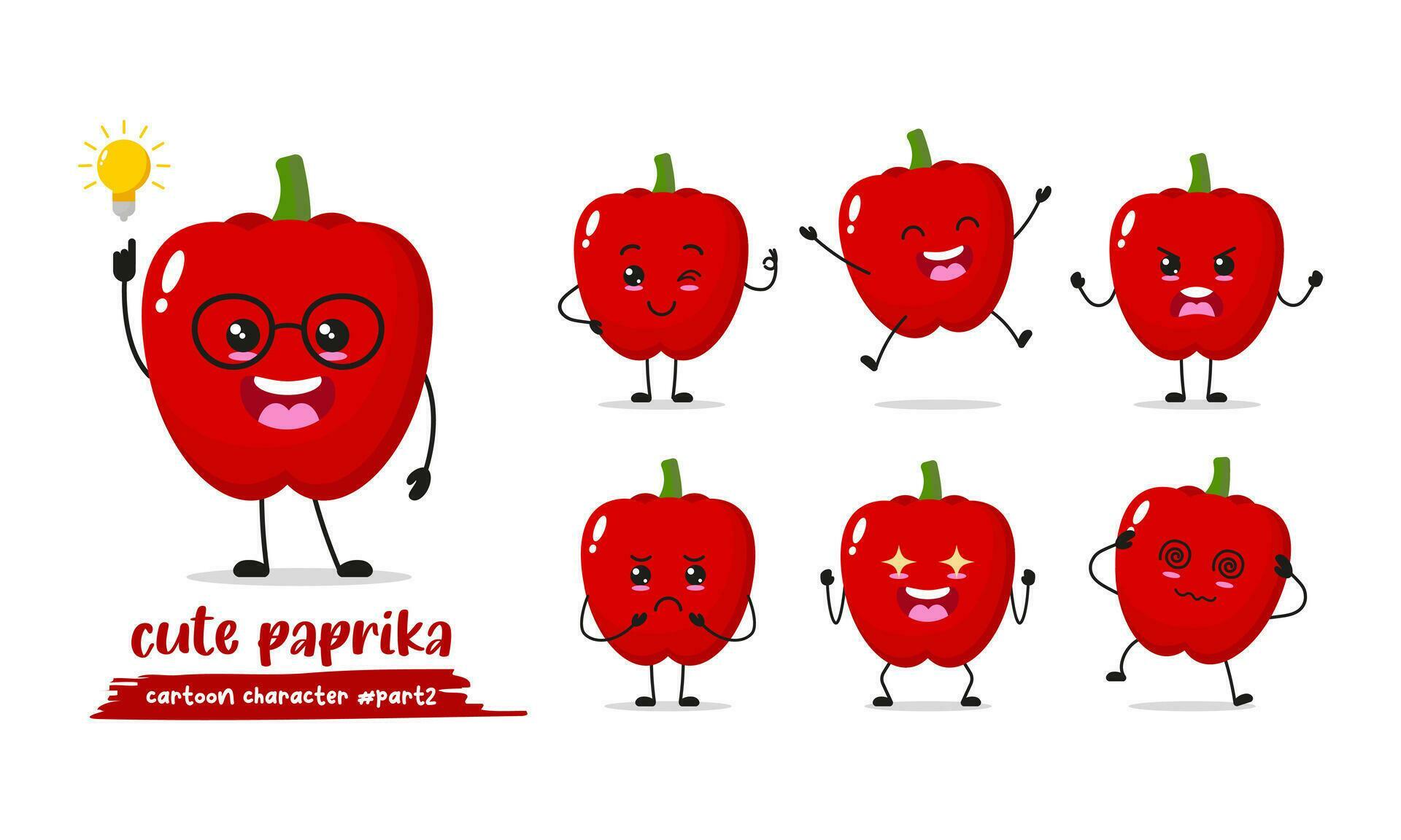 red paprika cartoon with many expressions. different vegetable activity