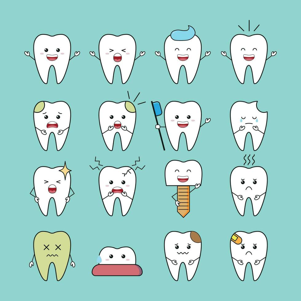 set cartoon teeth different emotion and different pose sticker for kid. different face expression. vector