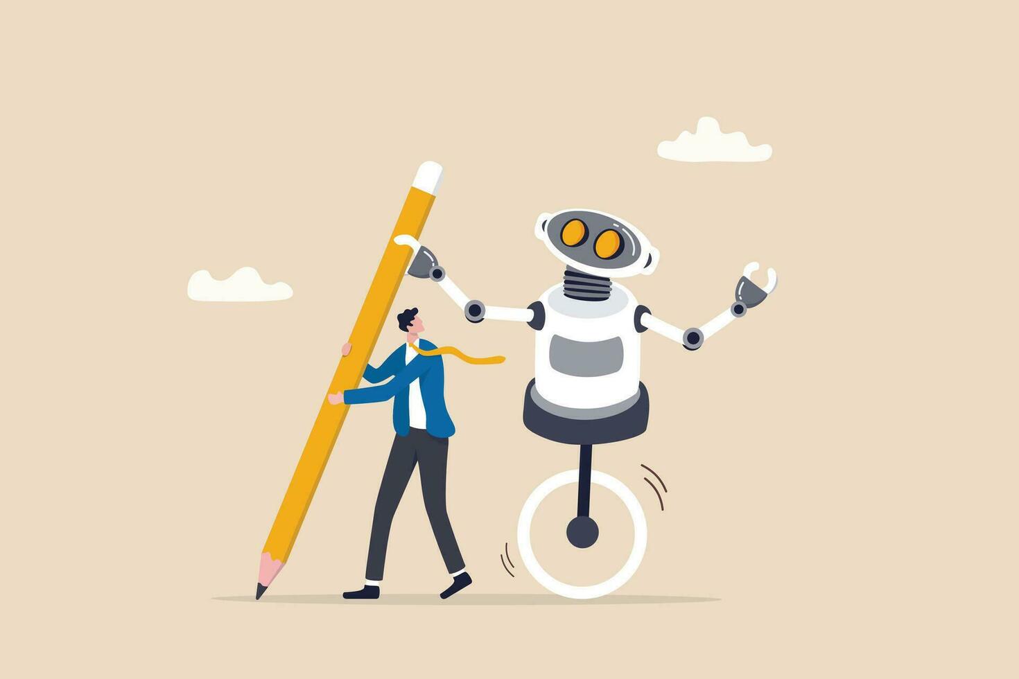 AI Artificial Intelligence work with human, robot or automation to help success, robot to replace human employment, job uncertainty concept, frustrated businessman working with pencil with AI robot. vector