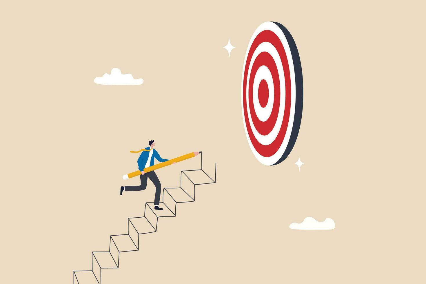 Build stair to reach target, career success or progress to achievement, business goal or future succeed, effort to grow career path concept, businessman use pencil to draw stair step to reach success. vector