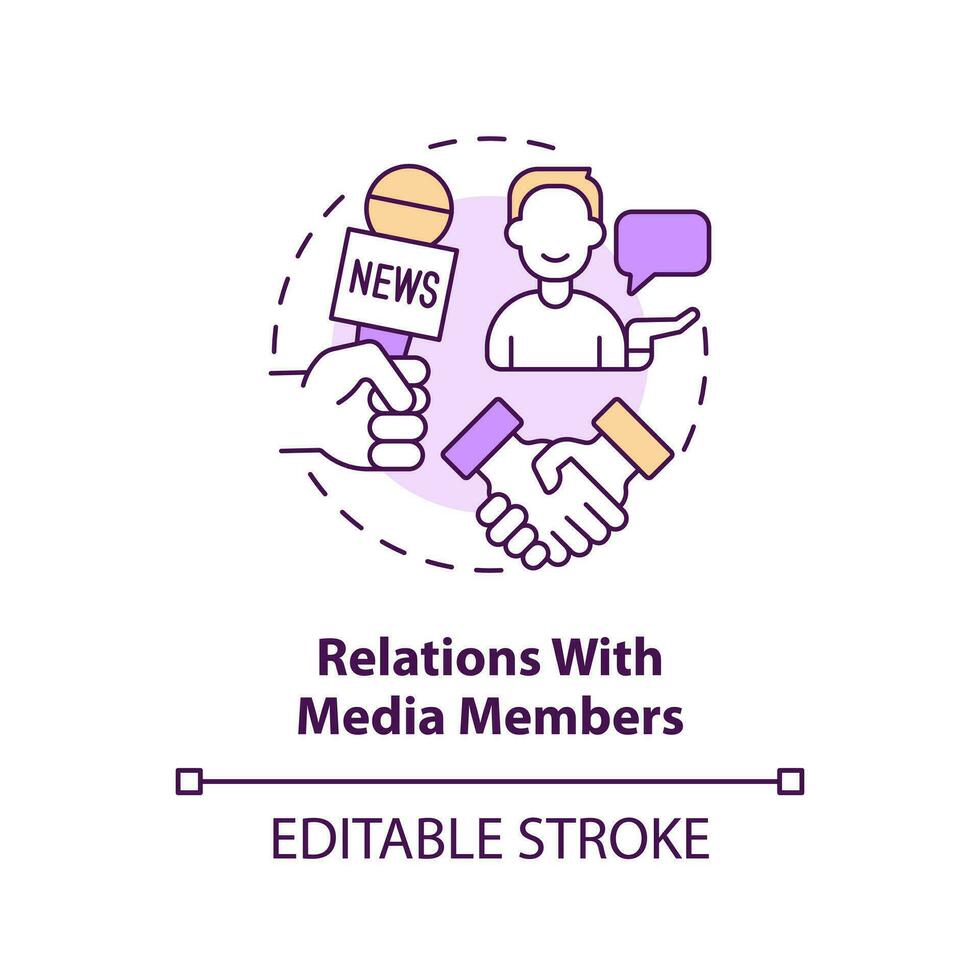 Relations with media members concept icon. Social network strategy for advocacy abstract idea thin line illustration. Isolated outline drawing. Editable stroke vector