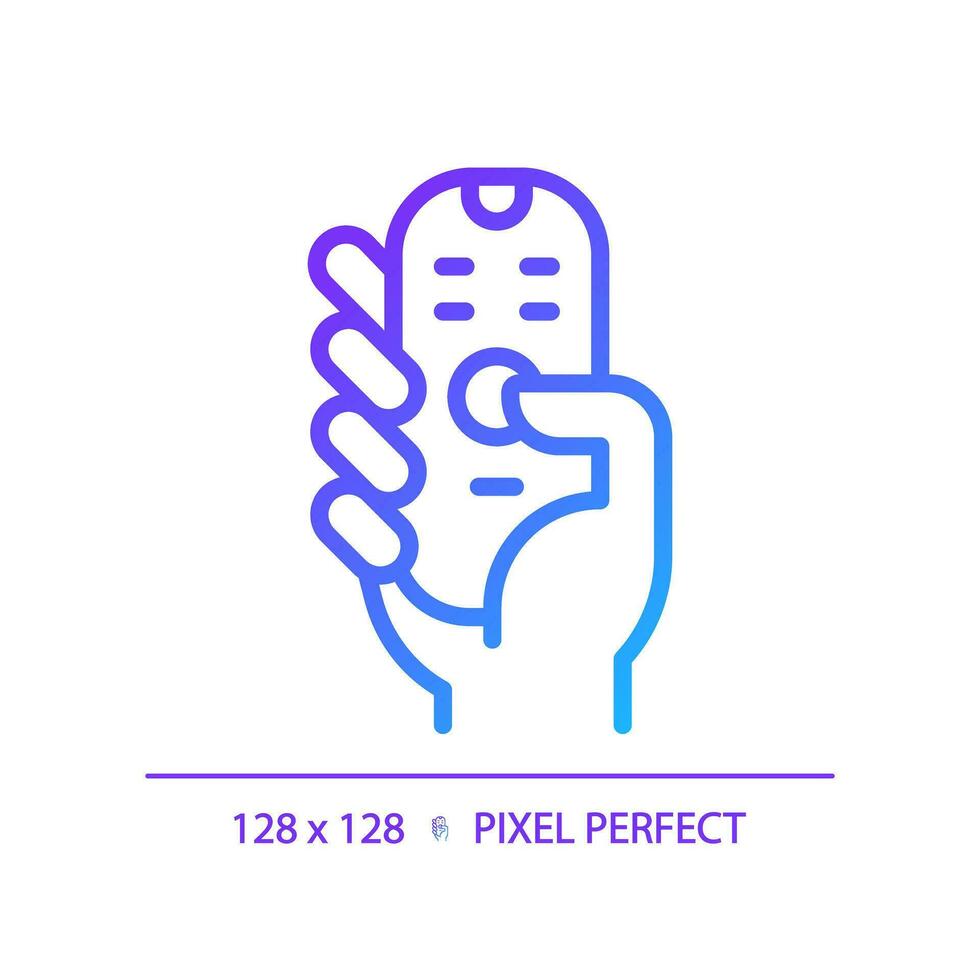 Hand with remote control pixel perfect gradient linear vector icon. Digital device. Contactless infrared gadget. Thin line color symbol. Modern style pictogram. Vector isolated outline drawing