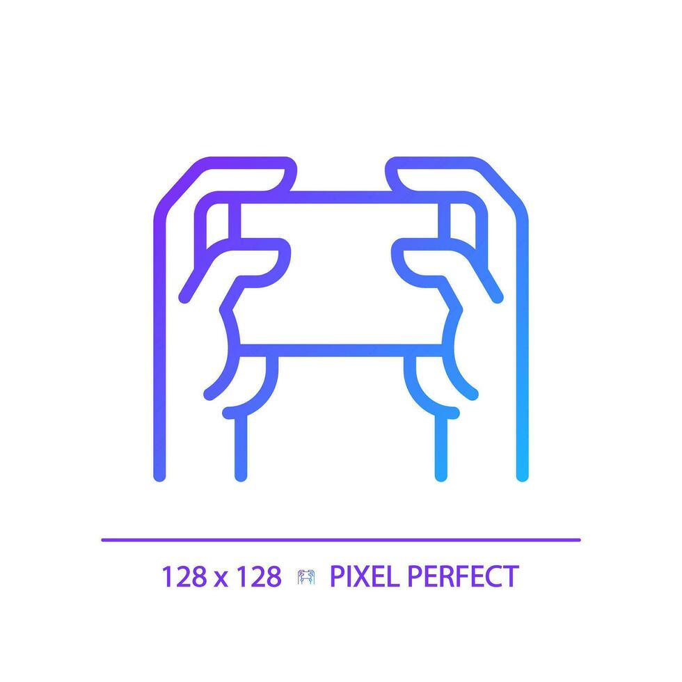 Holding smartphone with two hands pixel perfect gradient linear vector icon. Playing video games. Comfortable device. Thin line color symbol. Modern style pictogram. Vector isolated outline drawing