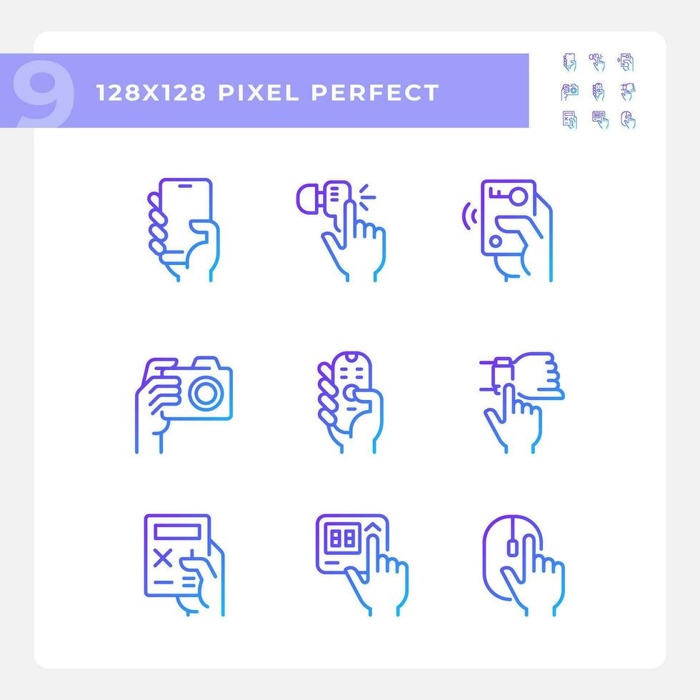 Hands holding electronic gadgets pixel perfect gradient linear vector icons set. Digital equipment usage. Thin line contour symbol designs bundle. Isolated outline illustrations collection