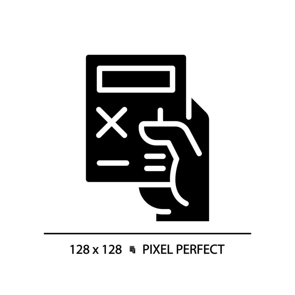 Hand with calculator pixel perfect black glyph icon. Electronic device for counting. Office and school digital tool. Silhouette symbol on white space. Solid pictogram. Vector isolated illustration