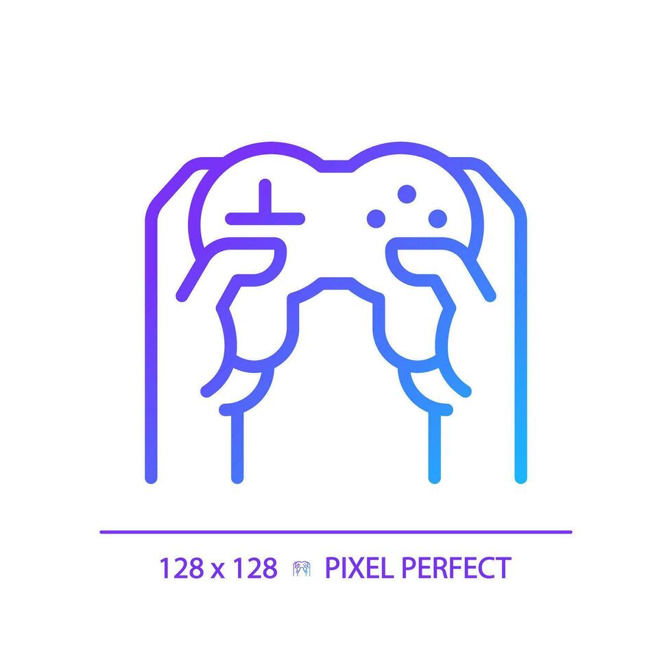 Hands with controller pixel perfect gradient linear vector icon. Person playing video game with joystick. Thin line color symbol. Modern style pictogram. Vector isolated outline drawing