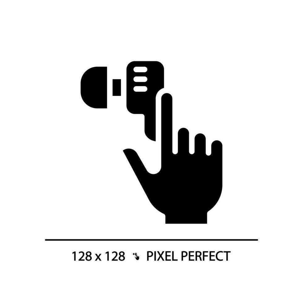 Hand with earphone pixel perfect black glyph icon. Finger tapping key on audio device. Gadget for music listening. Silhouette symbol on white space. Solid pictogram. Vector isolated illustration