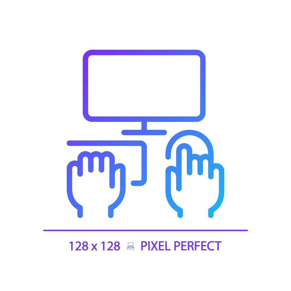 Hands with computer pixel perfect gradient linear vector icon. Person working on PC. Equipment for work and hobby. Thin line color symbol. Modern style pictogram. Vector isolated outline drawing