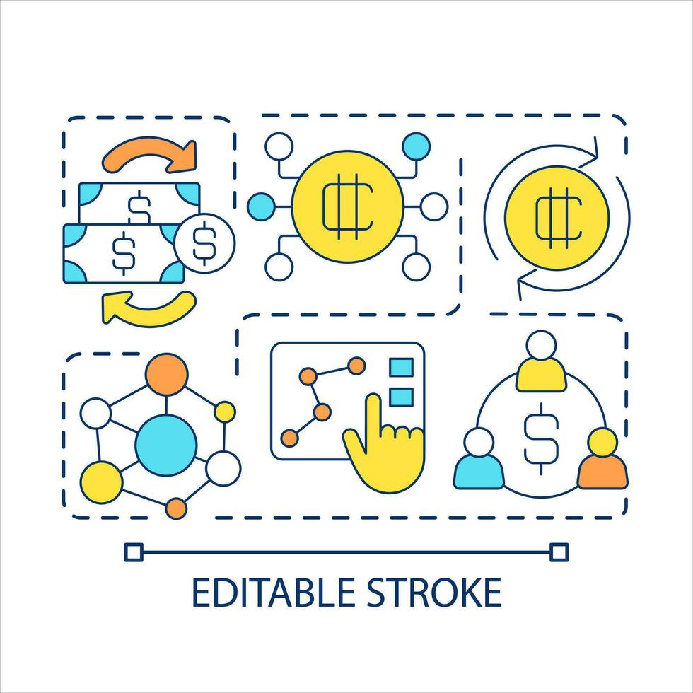 Digital financial system concept icon. Currency exchange on internet. Virtual banking abstract idea thin line illustration. Isolated outline drawing. Editable stroked vector