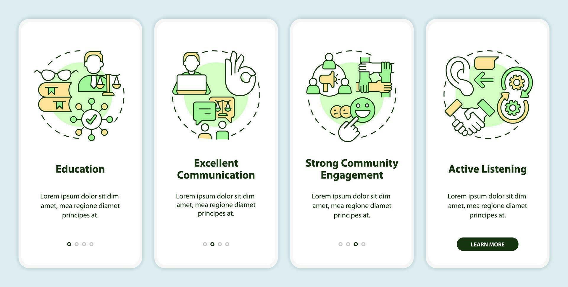 Effective advocate traits onboarding mobile app screen. Law walkthrough 4 steps editable graphic instructions with linear concepts. UI, UX, GUI templated vector