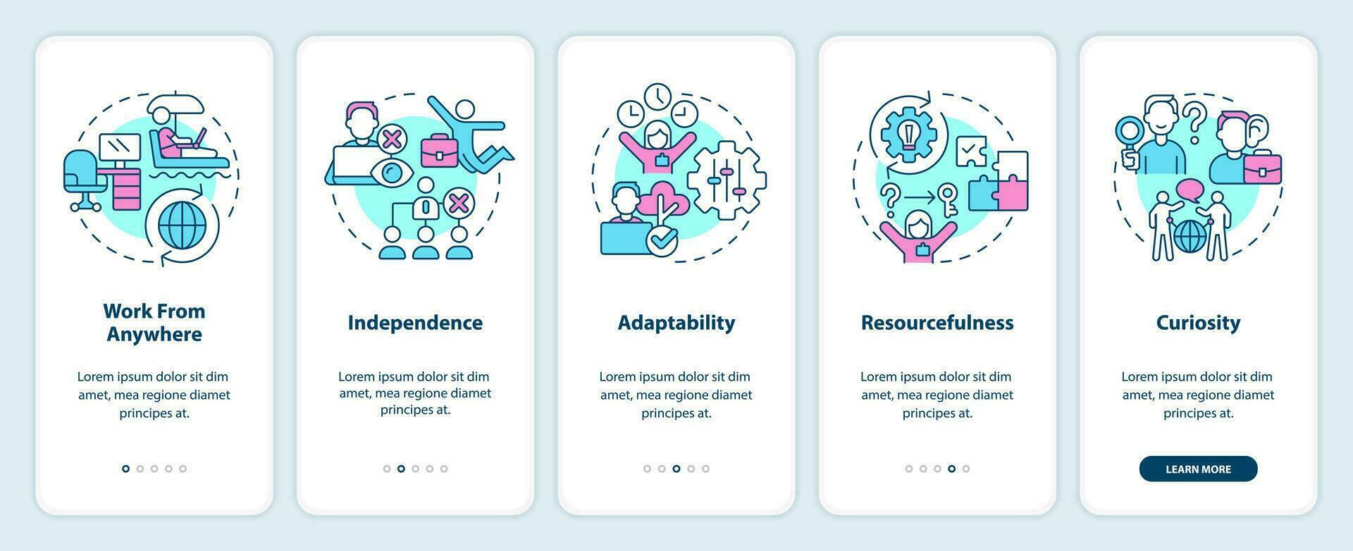 Digital nomad characteristics onboarding mobile app screen. Walkthrough 5 steps editable graphic instructions with linear concepts. UI, UX, GUI templated vector