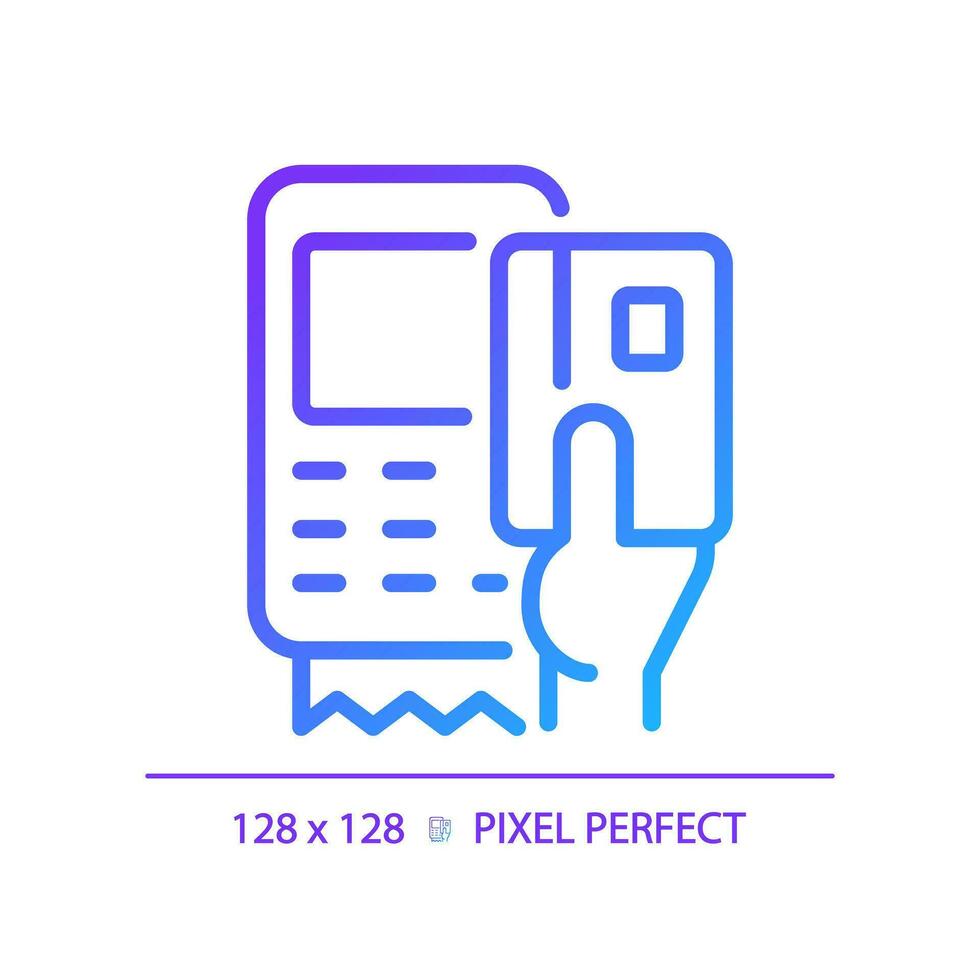 Hand with EDC device pixel perfect gradient linear vector icon. POS terminal for payment with credit cards. Thin line color symbol. Modern style pictogram. Vector isolated outline drawing