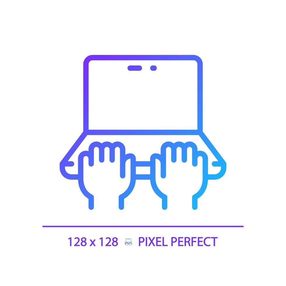 Hands with laptop pixel perfect gradient linear vector icon. Person working on notebook computer. Typing on keyboard. Thin line color symbol. Modern style pictogram. Vector isolated outline drawing