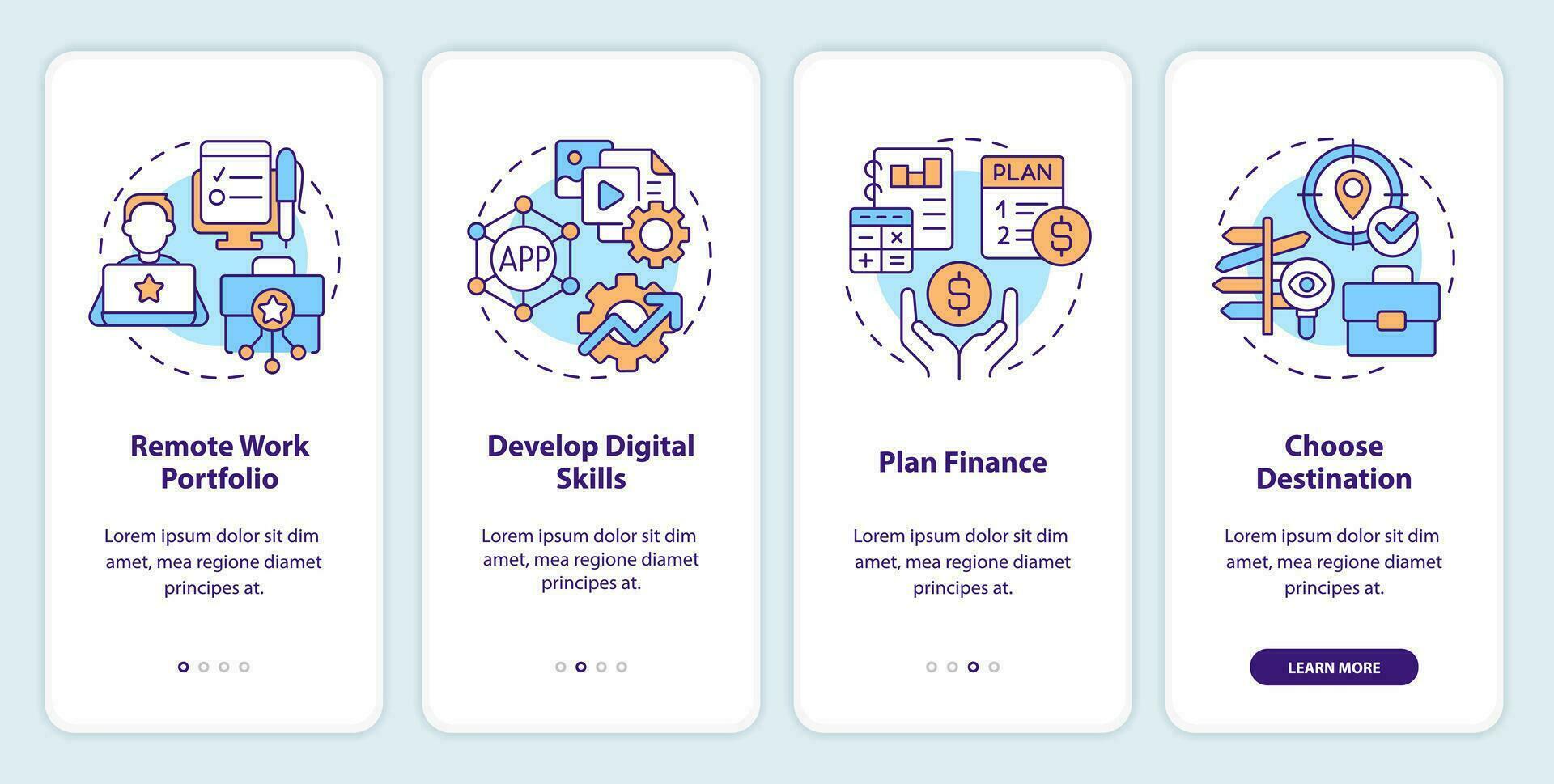 Become digital nomad onboarding mobile app screen. Work anywhere walkthrough 4 steps editable graphic instructions with linear concepts. UI, UX, GUI templated vector
