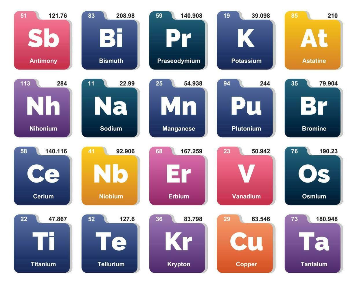 diseño de paquete de iconos de 20 tablas preiodicas de los elementos vector