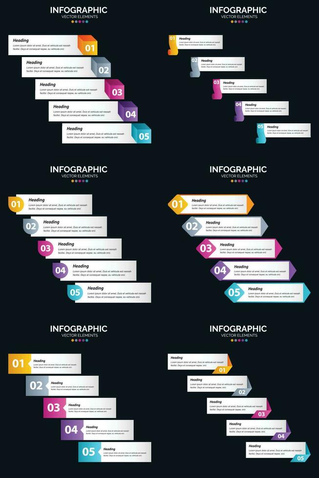 plantilla de diapositiva de presentación del paquete de infografías vectoriales 6 diagramas de ciclo de 5 pasos y líneas de tiempo vector