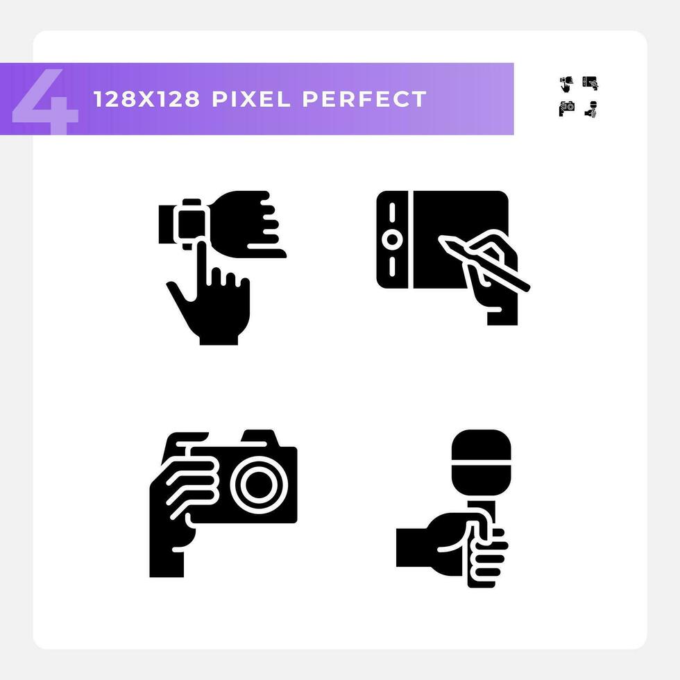 Hands with different devices pixel perfect black glyph icons set on white space. Digital technology. Gadget usage purposes. Silhouette symbols. Solid pictogram pack. Vector isolated illustration