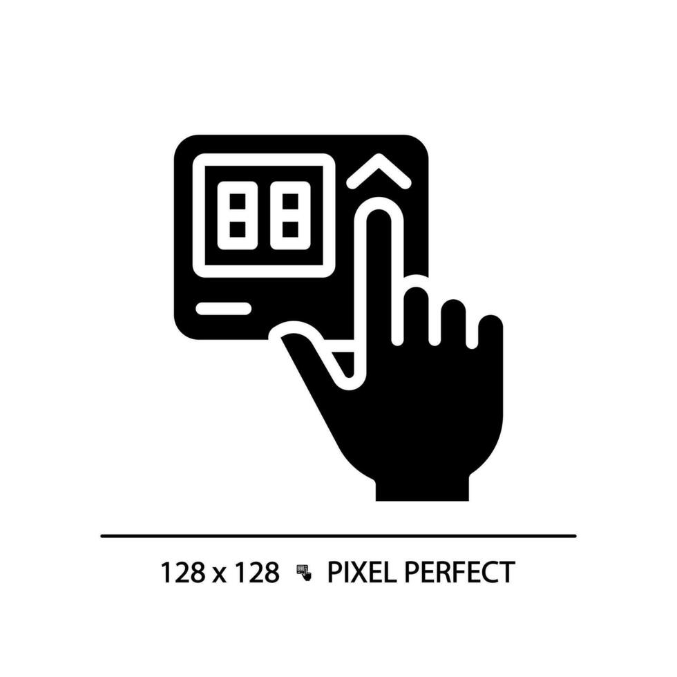 Hand with thermostat pixel perfect black glyph icon. Adjusting temperature on control panel. Home appliance. Silhouette symbol on white space. Solid pictogram. Vector isolated illustration