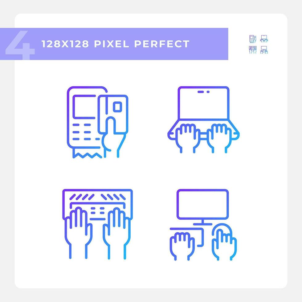 Hands using devices pixel perfect gradient linear vector icons set. Opportunity for technology users. Computing. Thin line contour symbol designs bundle. Isolated outline illustrations collection