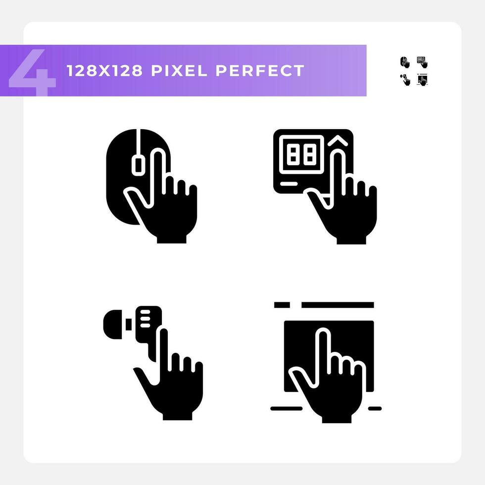 Hands pressing keys on devices pixel perfect black glyph icons set on white space. Electronic gadgets usage. Equipment control. Silhouette symbols. Solid pictogram pack. Vector isolated illustration