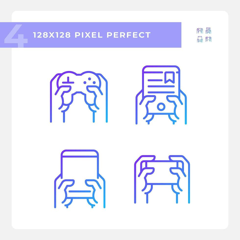 Hands with amusing gadgets pixel perfect gradient linear vector icons set. Digital devices for entertainment. Thin line contour symbol designs bundle. Isolated outline illustrations collection
