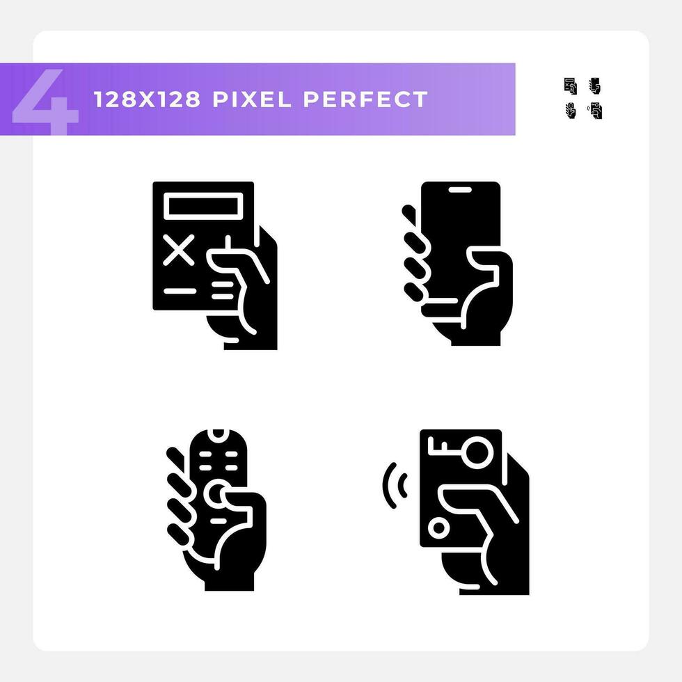 Hands with mobile devices pixel perfect black glyph icons set on white space. Appliances for control and communication. Silhouette symbols. Solid pictogram pack. Vector isolated illustration