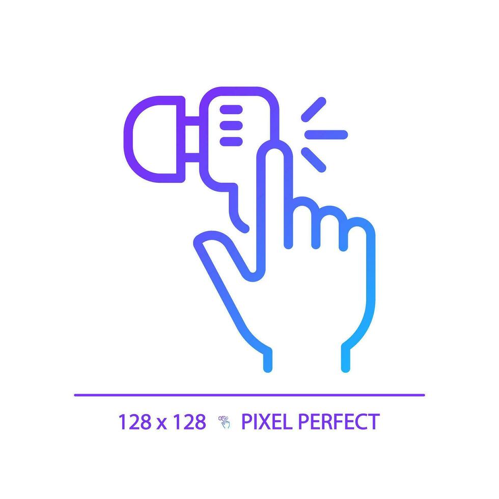 Hand with earphone pixel perfect gradient linear vector icon. Finger tapping key on audio device. Music listening. Thin line color symbol. Modern style pictogram. Vector isolated outline drawing