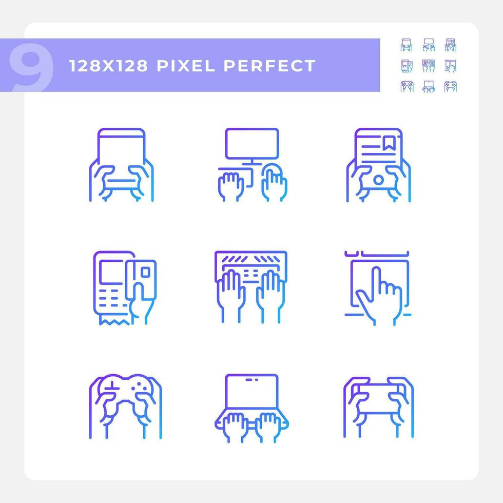 Hands using gadgets pixel perfect gradient linear vector icons set. Technology of business and entertainment. Thin line contour symbol designs bundle. Isolated outline illustrations collection