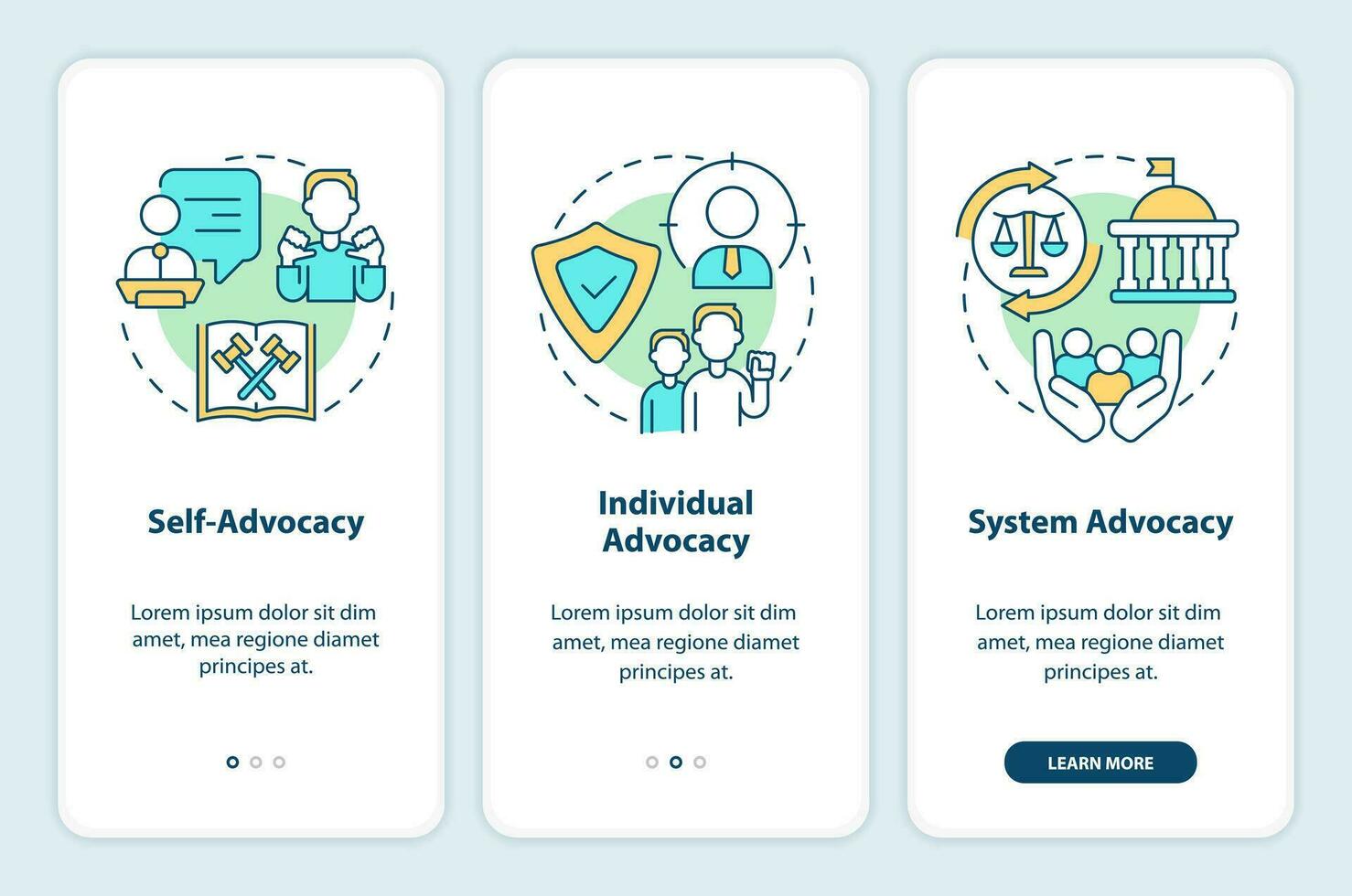 Types of advocacy onboarding mobile app screen. Legal protection walkthrough 3 steps editable graphic instructions with linear concepts. UI, UX, GUI templated vector