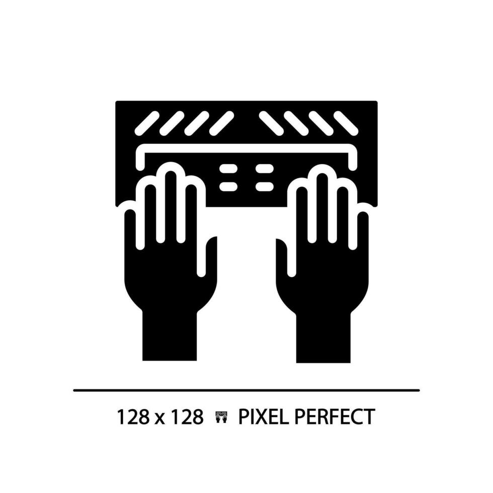Hands with Braille keyboard pixel perfect black glyph icon. Equipment for users with eyesight problems. Blind support. Silhouette symbol on white space. Solid pictogram. Vector isolated illustration