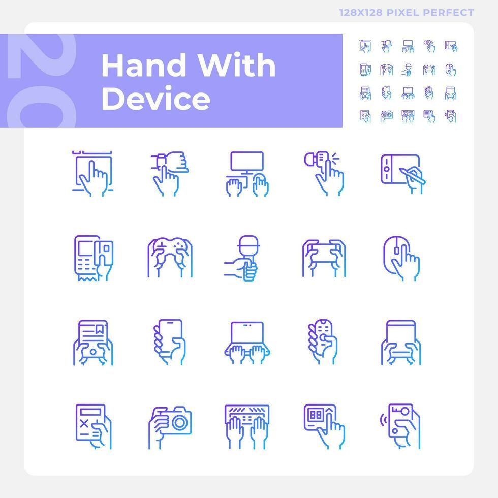 Hands with devices pixel perfect gradient linear vector icons set. User with gadgets. Digital technology. Thin line contour symbol designs bundle. Isolated outline illustrations collection