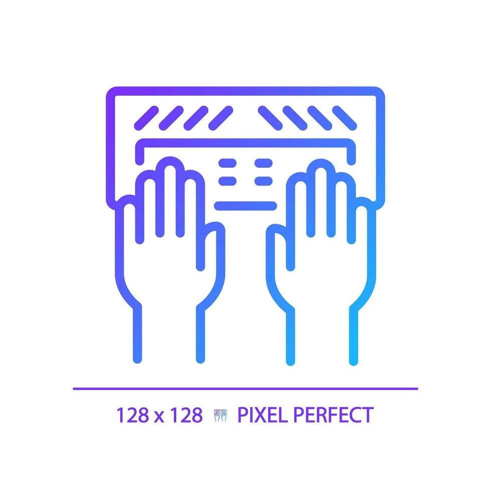 Hands with Braille keyboard pixel perfect gradient linear vector icon. Equipment for users with eyesight problems. Thin line color symbol. Modern style pictogram. Vector isolated outline drawing