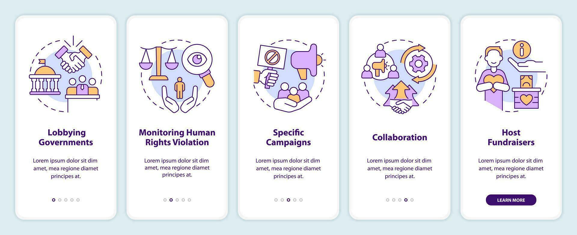 Forms of advocacy onboarding mobile app screen. Legal support walkthrough 5 steps editable graphic instructions with linear concepts. UI, UX, GUI templated vector