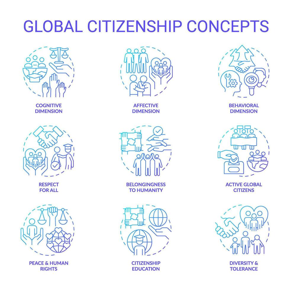 Global citizenship blue gradient blue gradient concept icons set. Sustainable development idea thin line color illustrations. Isolated symbols vector