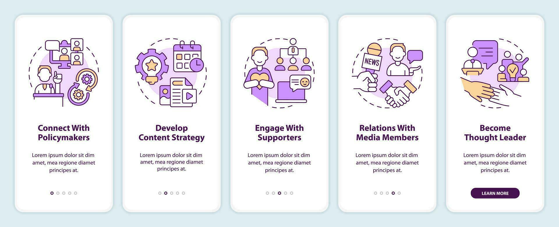 Social media strategies for advocacy onboarding mobile app screen. Walkthrough 5 steps editable graphic instructions with linear concepts. UI, UX, GUI templated vector