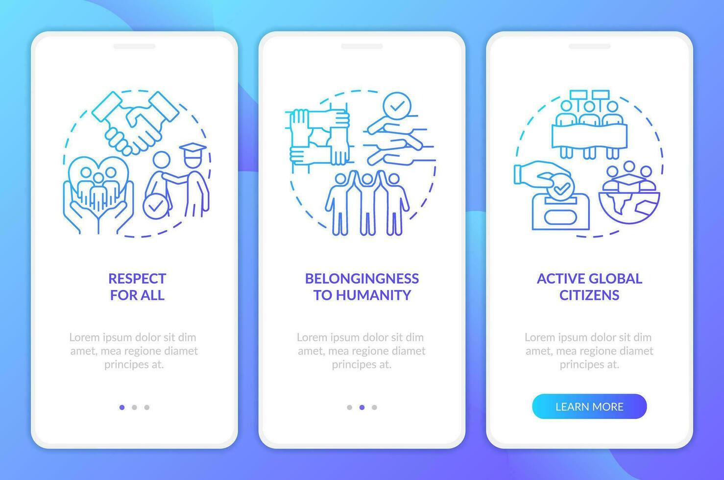 GCED goals blue gradient onboarding mobile app screen. Sustainable development walkthrough 3 steps graphic instructions with linear concepts. UI, UX, GUI templated vector